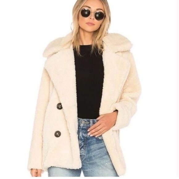 House of Harlow white ivory thick Faux Sherpa cropped double breasted Teddy coat - Picture 6 of 11